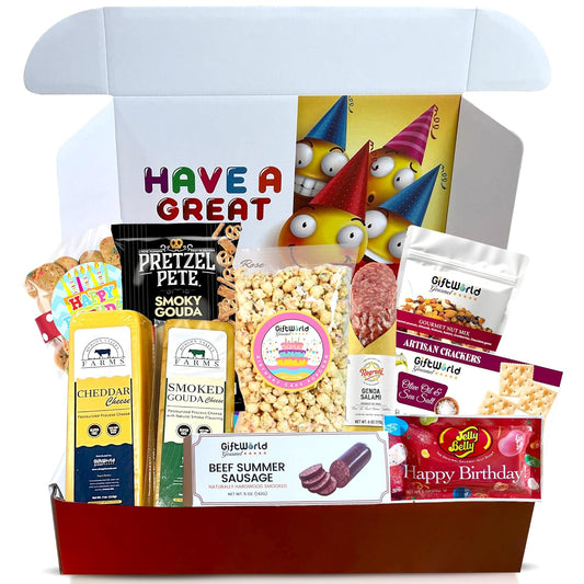 Birthday Charcuterie Gift Box – Smoked Gouda, Summer Sausage, Popcorn, Salami, Crackers, Nuts & Jelly Beans