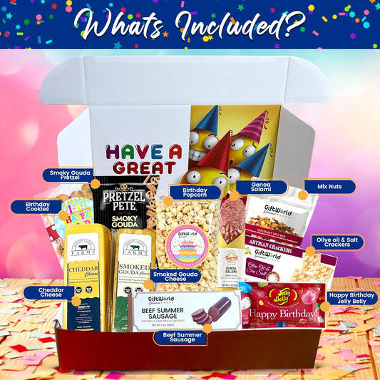 Birthday Charcuterie Gift Box – Smoked Gouda, Summer Sausage, Popcorn, Salami, Crackers, Nuts & Jelly Beans