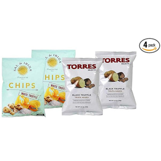 Torres Black & White Truffle & Sal de Ibiza Potato Chips - Gluten-Free, Handcrafted Crunchy Snacks - 4 Pack - Imported from Spain