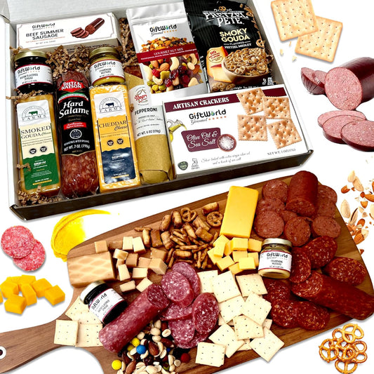 GiftWorld Deluxe Meat and Cheese Gift Basket, Cheese Gift Basket Assortment, Food Gifts for Men, Tailgating Food Gift Baskets, Christmas Food Gifts