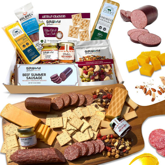 Gourmet Meat and Cheese Gift Box – Del Duca Salami, Cheddar, Gouda, Crackers, Mustard & Nuts