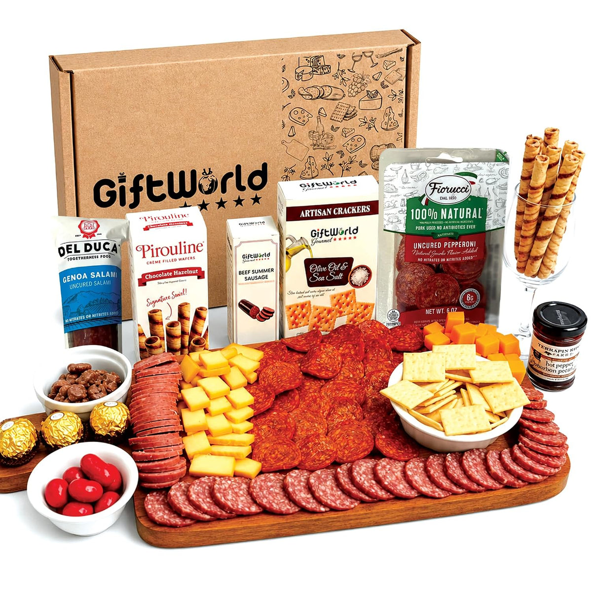 Gourmet Meat & Cheese Charcuterie Box with Crackers, Truffles, Nut Mix, Pretzels & Chocolate