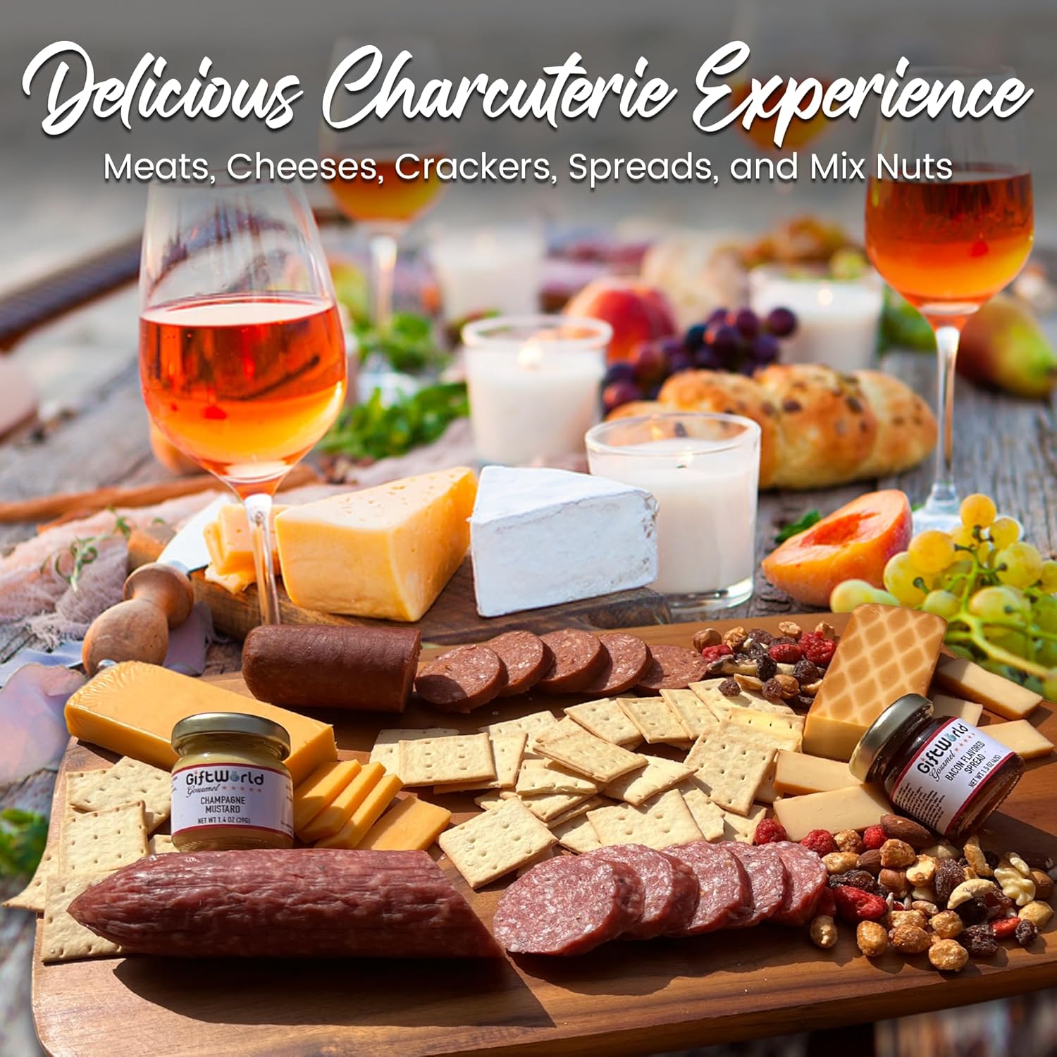 Charcuterie box with cheese, salami, and mustard
