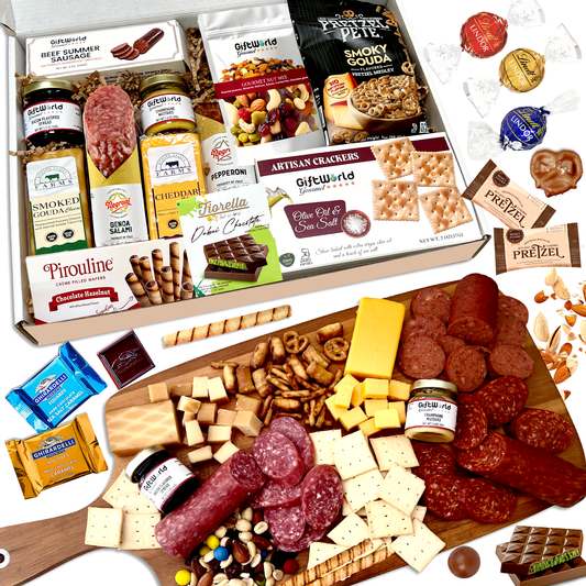 Gourmet charcuterie box with meats, cheese, crackers, and chocolate