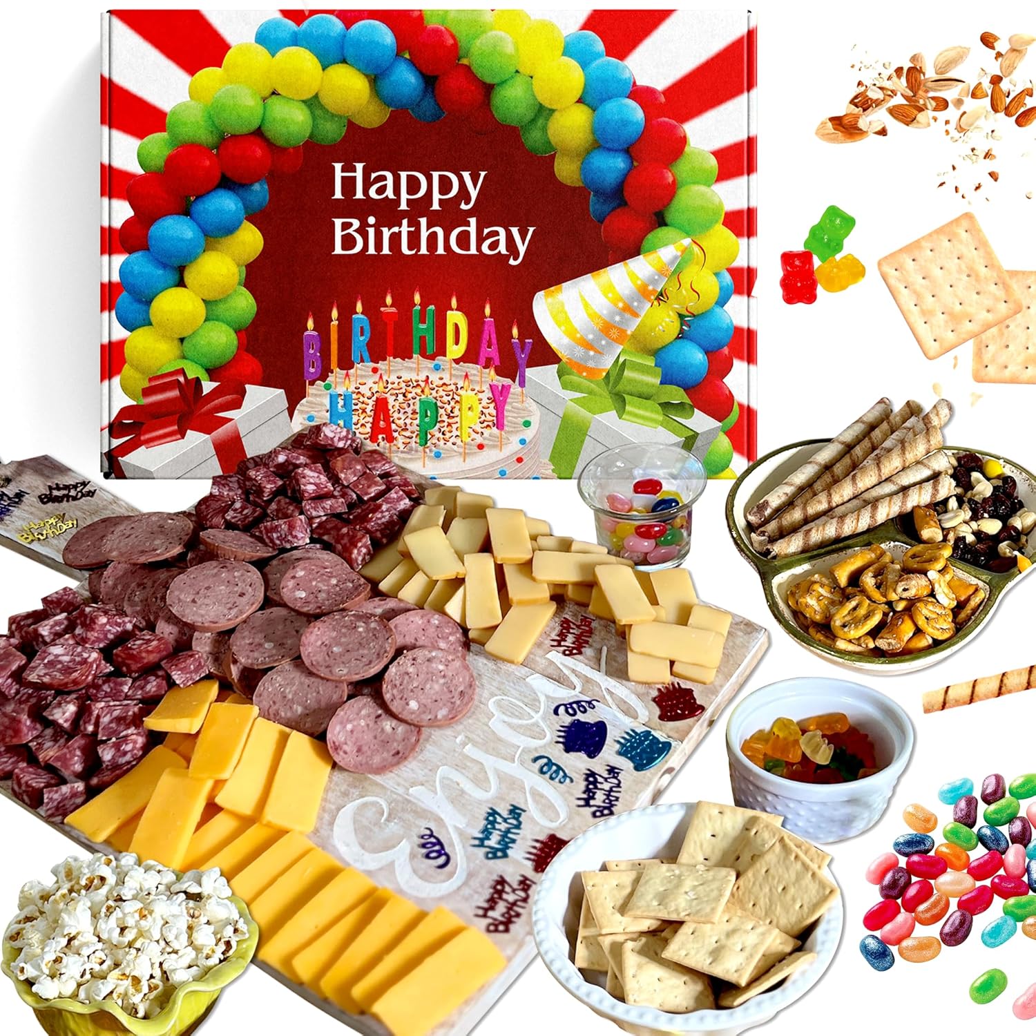 Assorted cheese, salami, popcorn, and snacks gift box