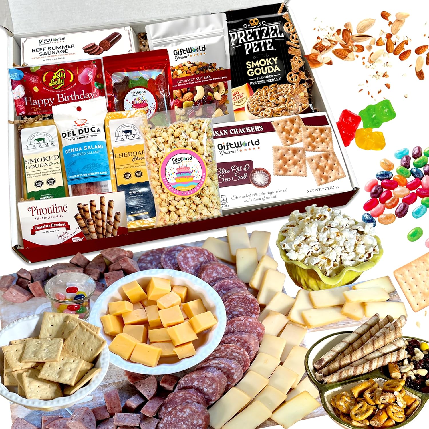 Charcuterie box with nuts, crackers, and jelly beans