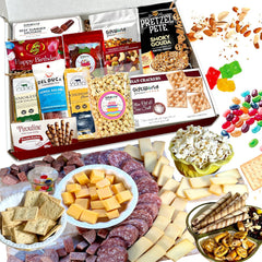 Charcuterie box with nuts, crackers, and jelly beans