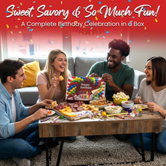 Birthday snack box with cheese, salami, popcorn, and sweets.