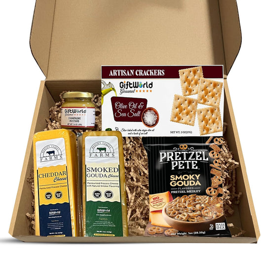Cheddar, gouda, crackers, and pretzels gift box