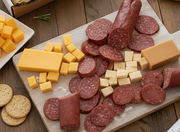 Sausage and cheddar cheese on a wooden board with crackers.
