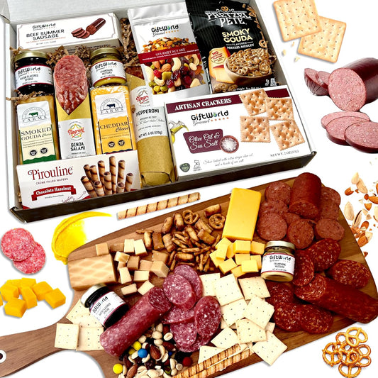 Assorted meats, cheese, and crackers gift box