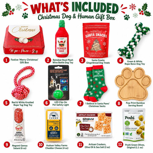 Christmas Dog & Owner Gift Box | Wine Lover Gift Set | Holiday Dog Toys and Treats