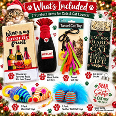 Cat Lover Christmas Gift Box | Wine Lover Gift Set | Holiday Cat Toys | Funny Cat Gifts for Her & Him