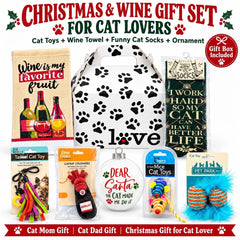 Cat Lover Christmas Gift Box | Wine Lover Gift Set | Holiday Cat Toys | Funny Cat Gifts for Her & Him