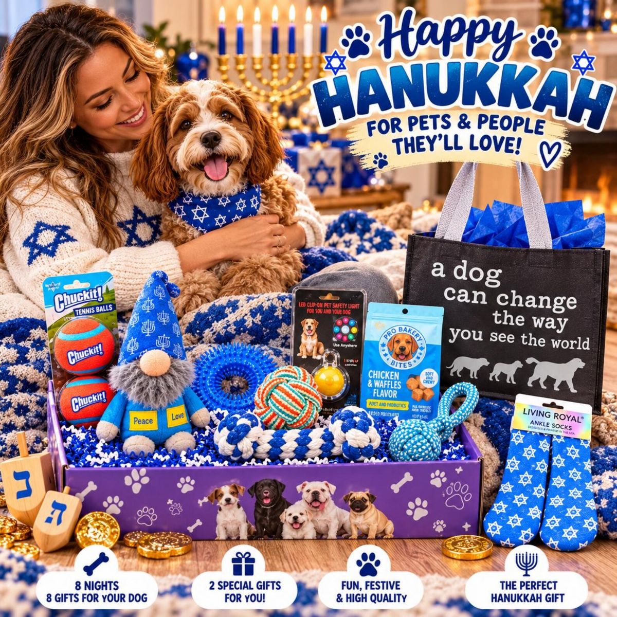 Hanukkah Dog Gift Box | 8 Nights of Dog Toys & Treats | Jewish Dog Lover Gift Basket