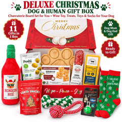 Christmas Dog & Owner Gift Box | Wine Lover Gift Set | Holiday Dog Toys and Treats