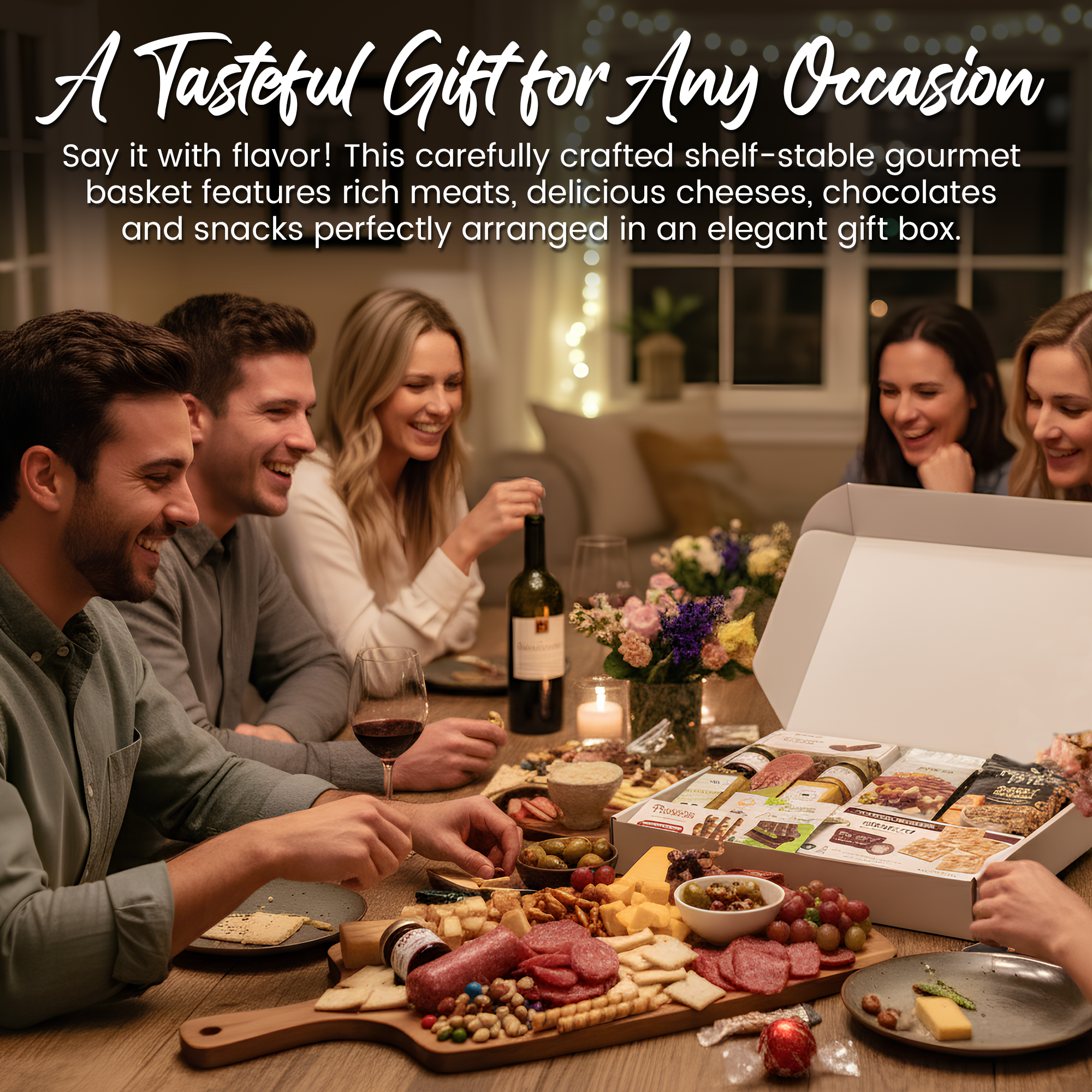 Meat and cheese box with crackers, chocolate, and nuts