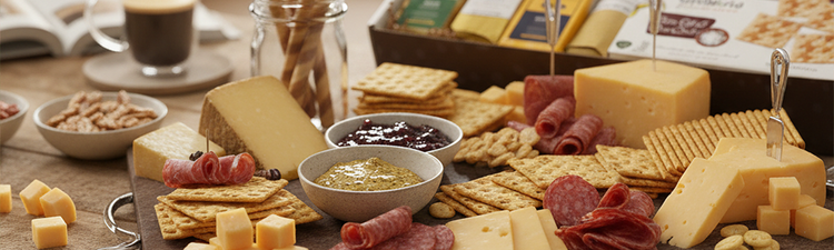 Cheese, salami, crackers, and spreads arranged on a charcuterie board.