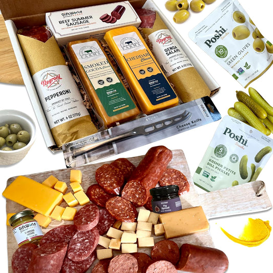Assorted salami, cheese, pickles, and olives box