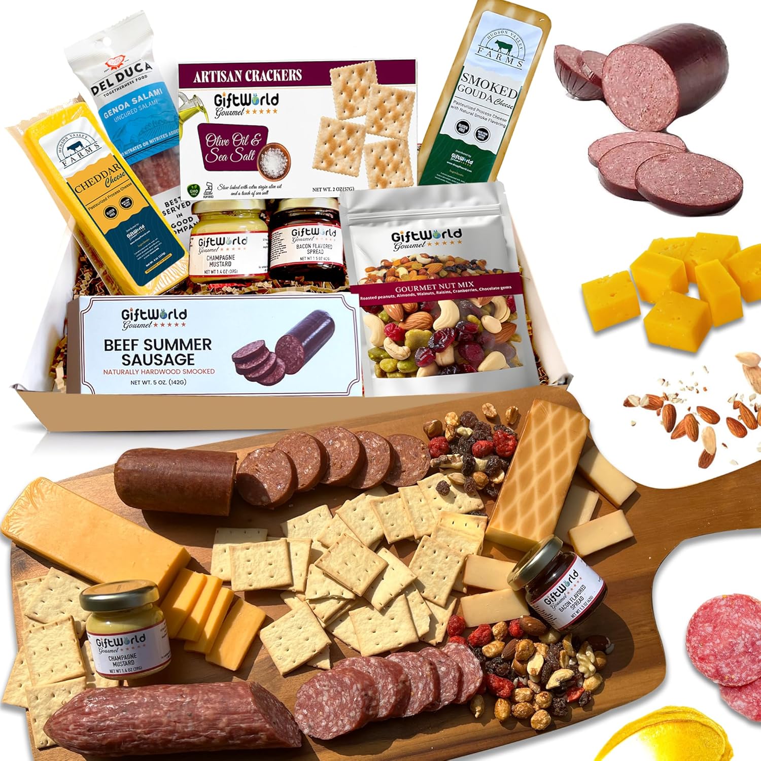 Assorted salami, cheeses, crackers, and nuts in a gift box.
