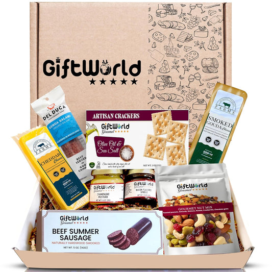 Salami, cheese, crackers, and snacks gift box