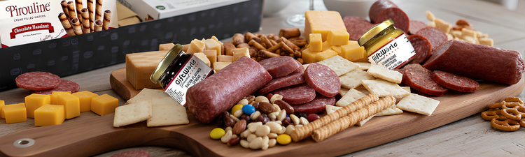 Cheese, salami, crackers, nuts, and spreads on a wooden charcuterie board with gifts.