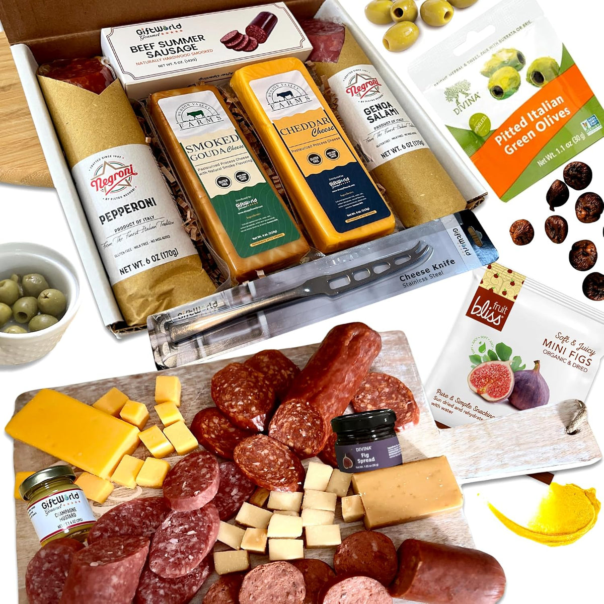 Deluxe Charcuterie Food Items, Meat and Cheese Gift Basket – Salami, Summer Sausage with Olives, Champagne Mustard, and Fig Spread