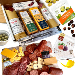 Deluxe Charcuterie Food Items, Meat and Cheese Gift Basket – Salami, Summer Sausage with Olives, Champagne Mustard, and Fig Spread