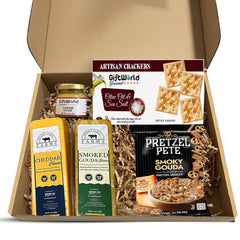 Cheese, Crackers & Pretzel Gift Box – Gourmet Cheddar, Smoked Gouda, Mustard Dip & Savory Snacks