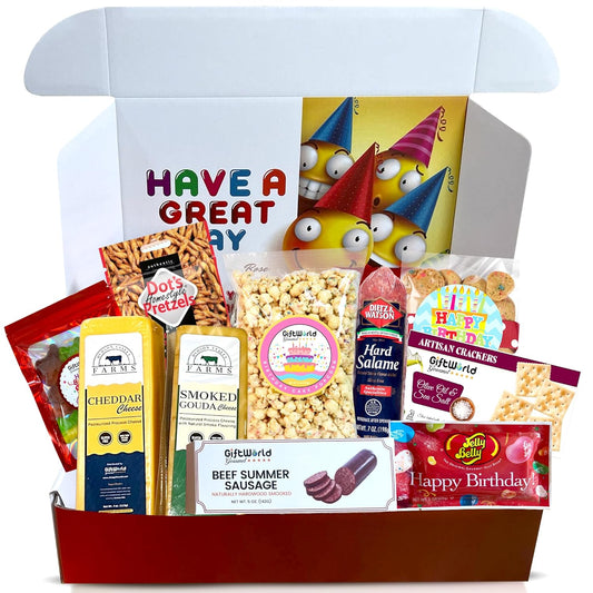 GiftWorld Happy Birthday Meat and Cheese Gift Basket - Birthday Cheese and Crackers Gift Basket, Birthday Food Gifts Assortment | Happy Birthday Food Gift Basket