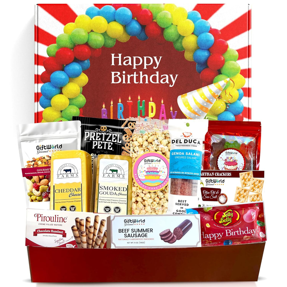 Birthday Charcuterie Gift Box – Smoked Gouda, Summer Sausage, Popcorn, Salami, Crackers, Nuts & Jelly Beans