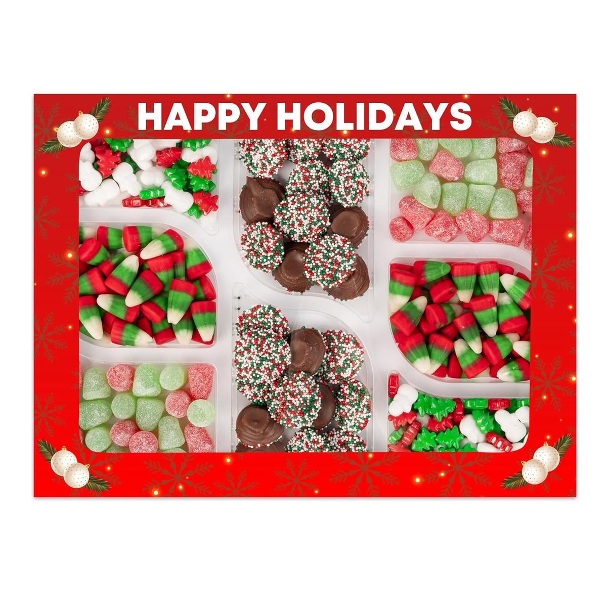 Holiday Candy Gift Box – Christmas Spice Drops, Candy Corn, Chocolate Nonpareils & Frosty’s Forest Mix