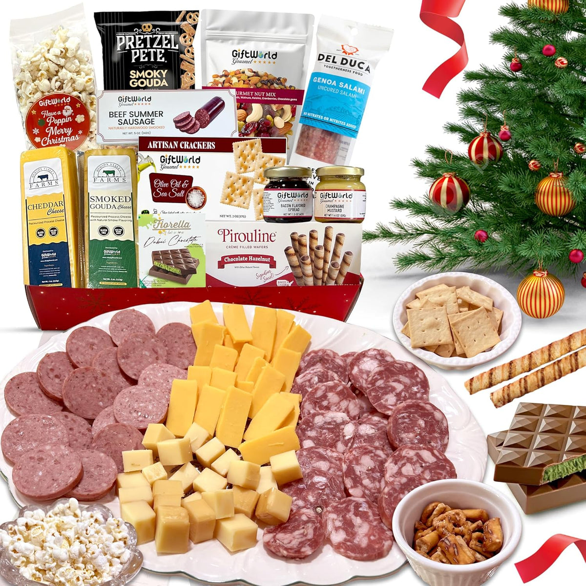 Christmas Meat & Cheese Gift Basket – Charcuterie Box with Salami, Sausage, Cheese, Crackers, Snacks & Sweets