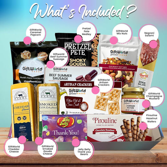 Thank You Meat & Cheese Gift Box – Gourmet Charcuterie Snacks with Salami, Sausage, Cheeses, Crackers, Sweets & More
