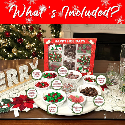 Holiday Candy Gift Box – Christmas Spice Drops, Candy Corn, Chocolate Nonpareils & Frosty’s Forest Mix