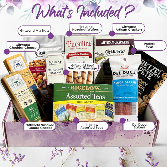 Sympathy Gourmet Gift Box – Salami, Cheese, Crackers, Wafers, Tea, Nut Mix & Pretzels