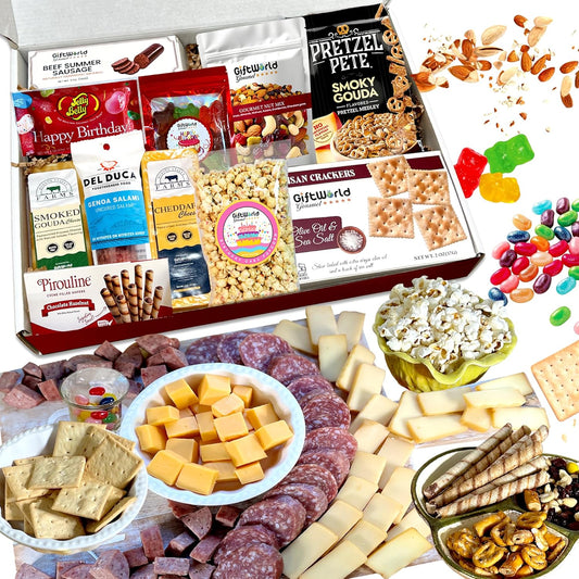 Birthday Charcuterie Gift Box – Smoked Gouda, Summer Sausage, Popcorn, Salami, Crackers, Nuts & Jelly Beans