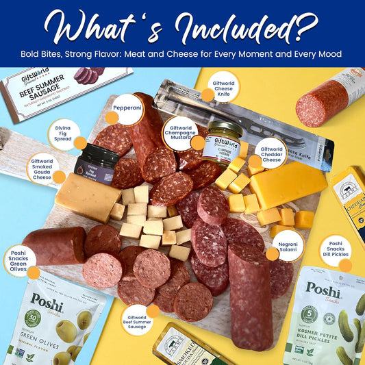 Gourmet Meat & Cheese Charcuterie Gift Box – Salami, Summer Sausage, Cheddar, Gouda, Pickles & Olives