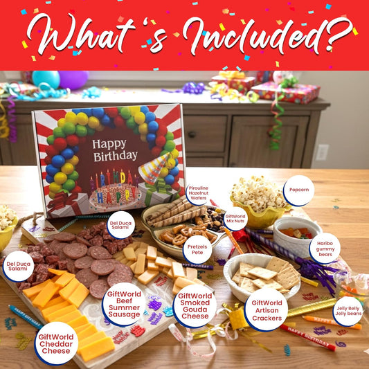 Birthday Charcuterie Gift Box – Smoked Gouda, Summer Sausage, Popcorn, Salami, Crackers, Nuts & Jelly Beans