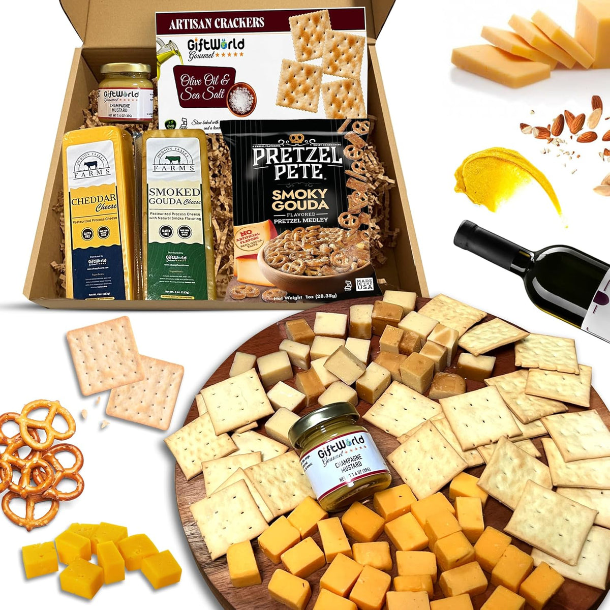 Cheese, Crackers & Pretzel Gift Box – Gourmet Cheddar, Smoked Gouda, Mustard Dip & Savory Snacks