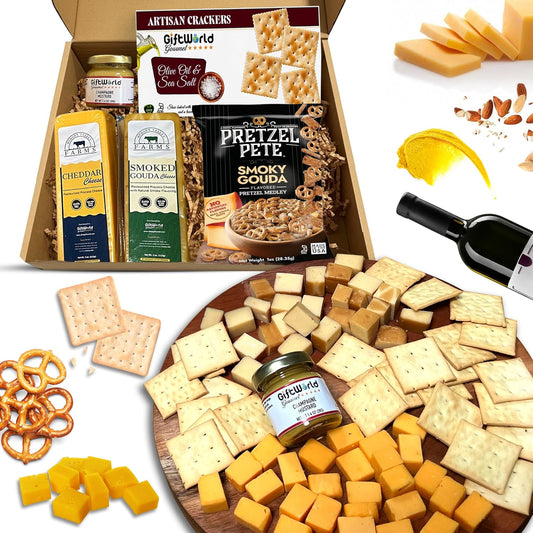 Cheese, Crackers & Pretzel Gift Box – Gourmet Cheddar, Smoked Gouda, Mustard Dip & Savory Snacks