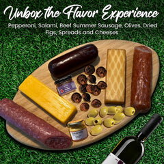 Deluxe Charcuterie Food Items, Meat and Cheese Gift Basket – Salami, Summer Sausage with Olives, Champagne Mustard, and Fig Spread