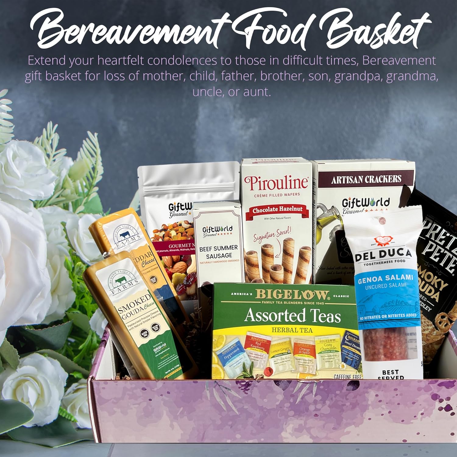 Gourmet sympathy box with tea and snacks