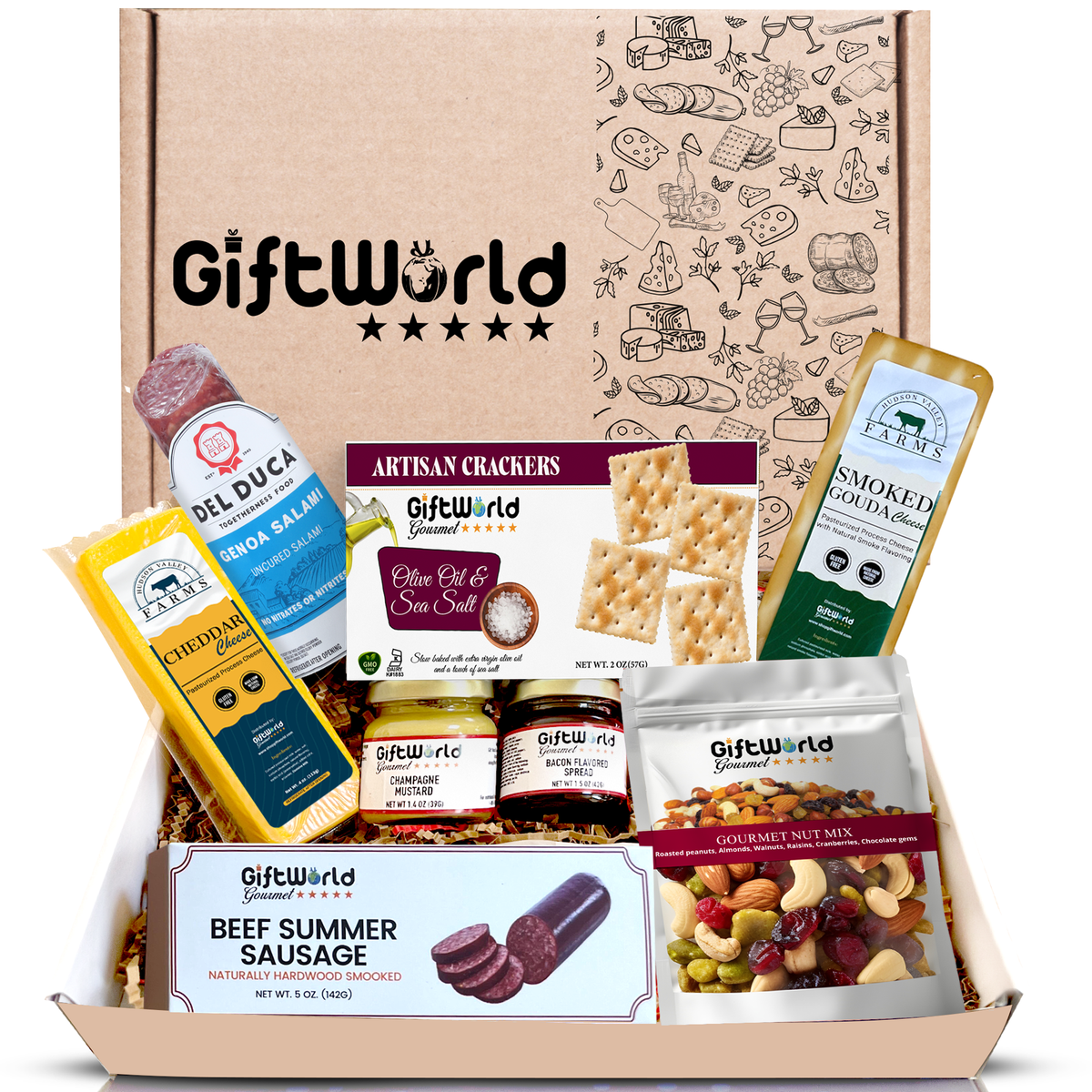 Savory Snack & Cheese Gift Box – Salami, Artisan Crackers, Cheddar, Gouda, Mustard, Bacon Spread & Nut Mix