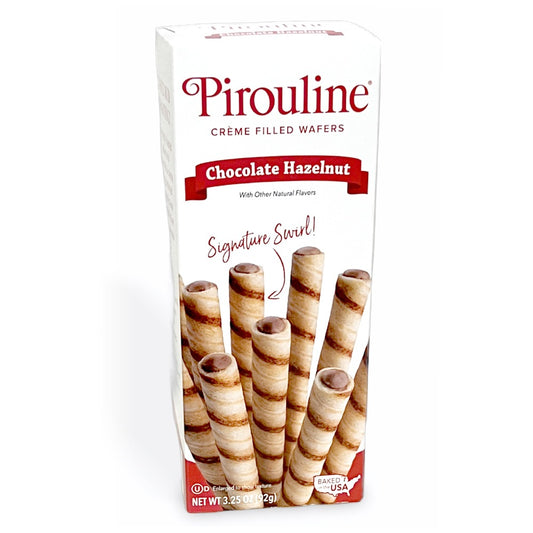 Rolled wafer sticks filled with chocolate hazelnut crème in a tin.