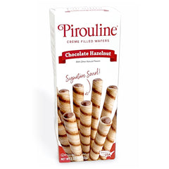 Rolled wafer sticks filled with chocolate hazelnut crème in a tin.