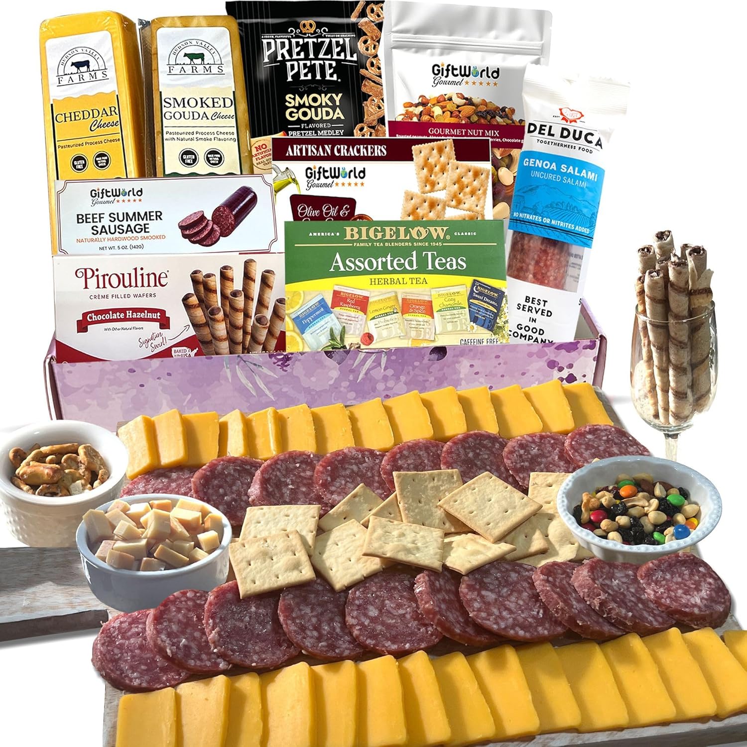 Care package with salami, cheese, and crackers