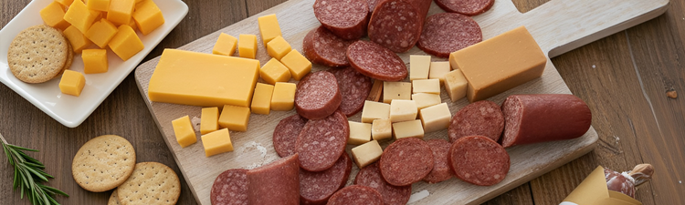 Sliced sausage and cheese cubes on a wooden board with crackers