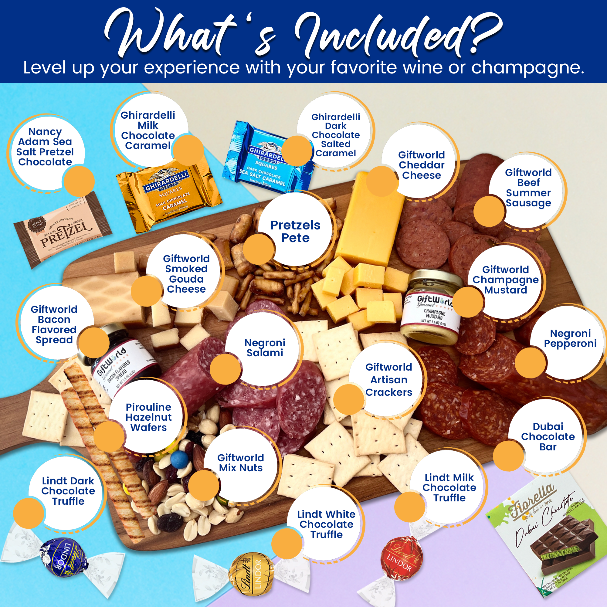 Premium snack box with meats, cheese, nuts, and pretzels