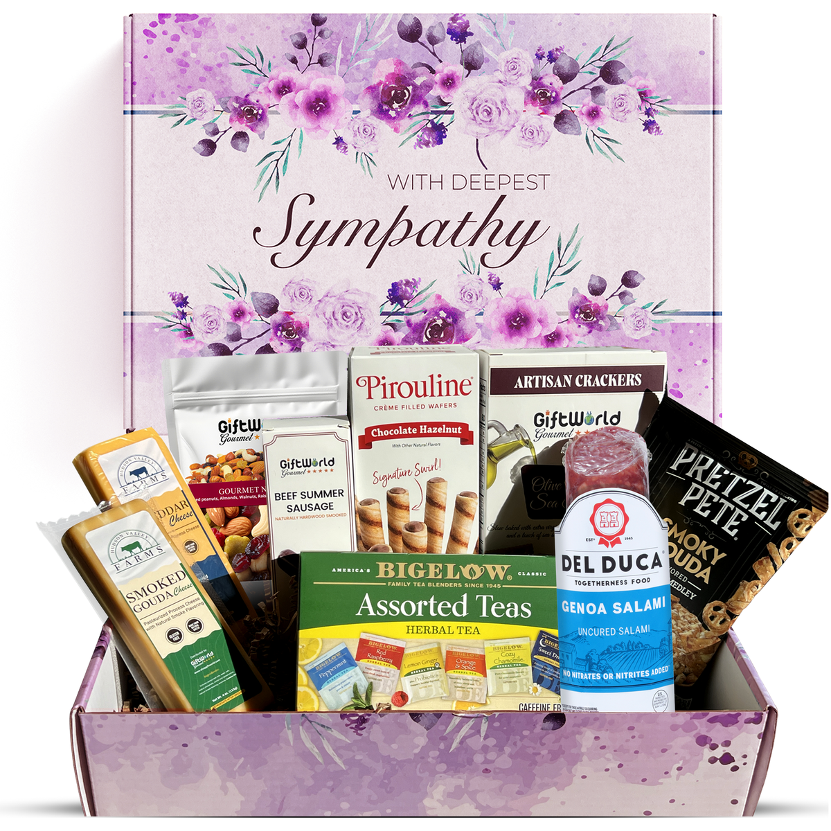 Sympathy Gourmet Gift Box – Salami, Cheese, Crackers, Wafers, Tea, Nut Mix & Pretzels